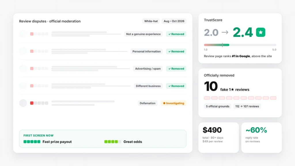 Кейс по Trustpilot: Рейтинг 2.0 выше сайта в Google. Удаление 10 фейков за $490 и защита Tier-1 конверсии