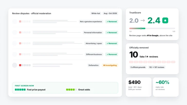 Кейс по Trustpilot: Рейтинг 2.0 выше сайта в Google. Удаление 10 фейков за $490 и защита Tier-1 конверсии